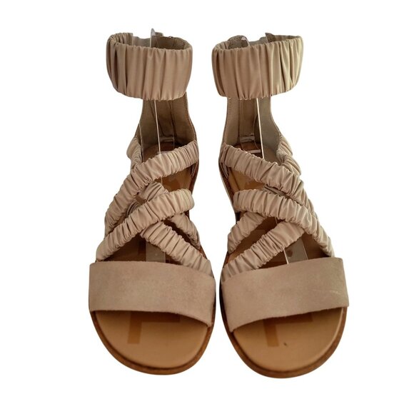 Sorel Ella II Ankle Strap Ruched Elastic Sandals Leather Flats Beige Size 6.5 - Picture 2 of 11